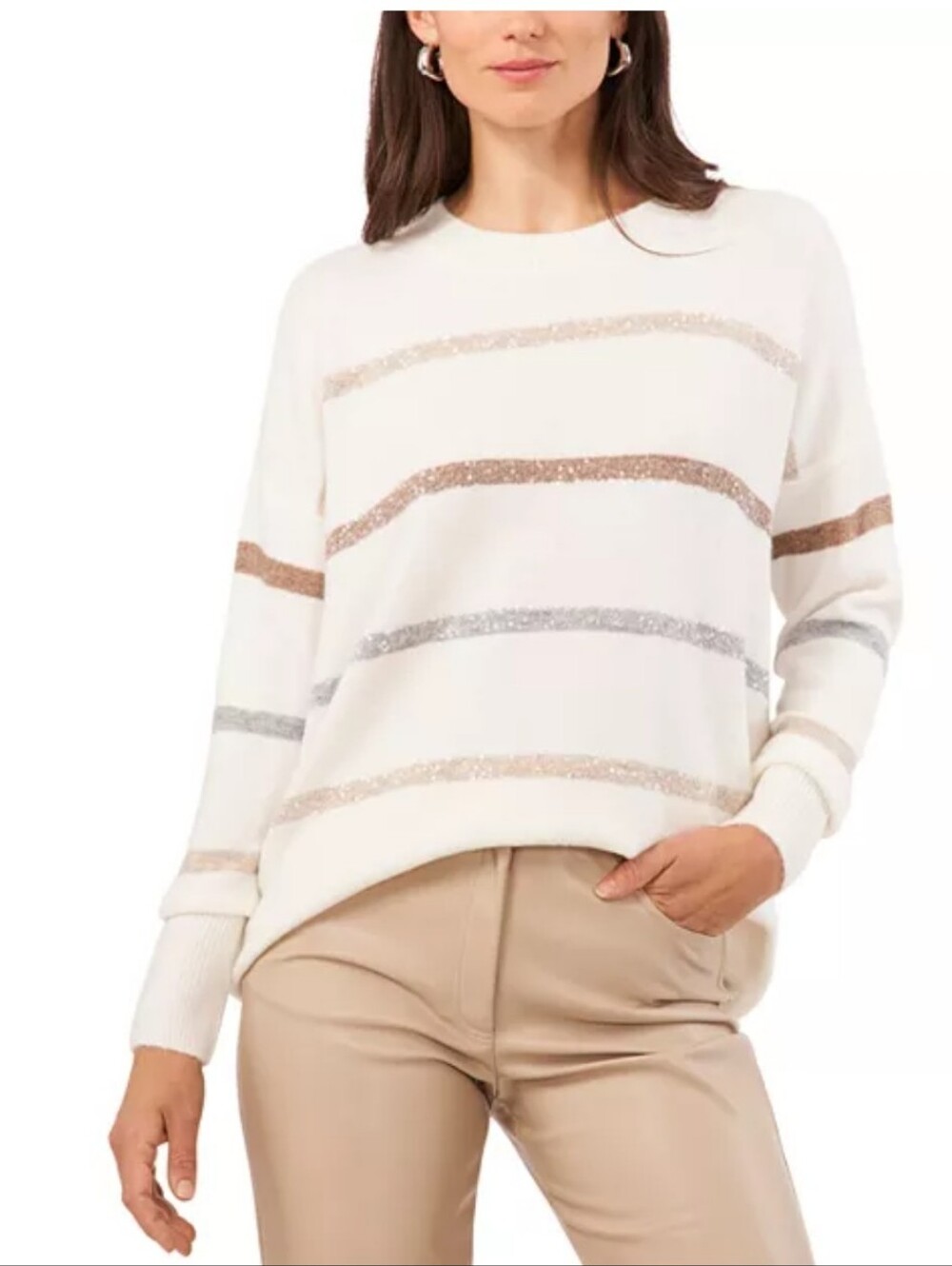 Vince Camuto Ivory Sequinned Striped Crewneck Sweater-Medium